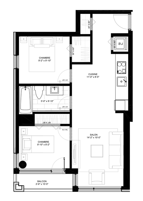 Floor plan for 2 beds, 1 bath, 682 sqft